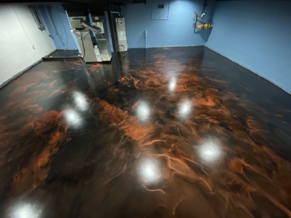 Copper and bronze metallic epoxy basement floor