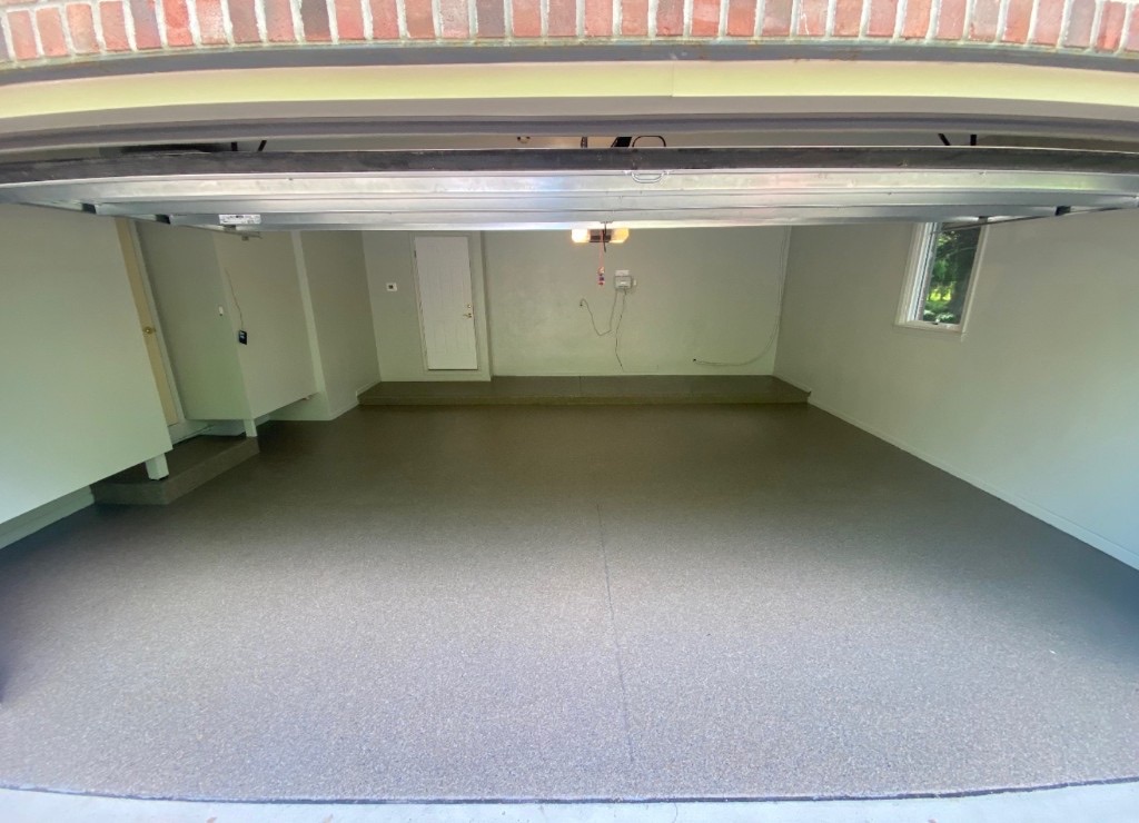 Tan flake epoxy two-car garage floor